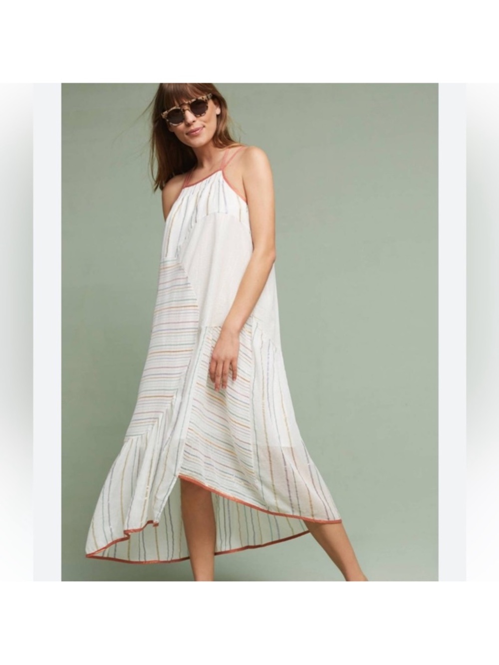 Anthropologie Akemi+ Kin Striped White Halter Maxi Dress with Coral Trim Size S